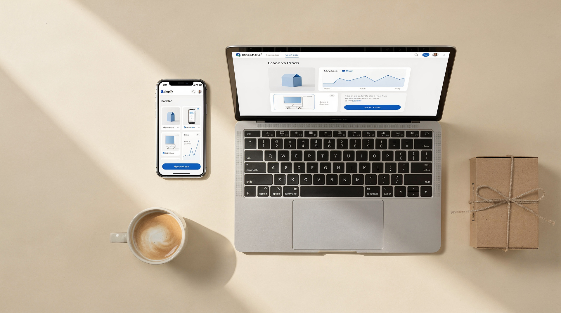 Top-down view of a laptop showing an e-commerce dashboard, a smartphone with a store preview, a coffee mug, and a brown twine-wrapped package on a cream desk — symbolizing a Shopify store ready for launch.